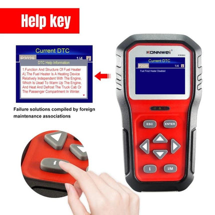 Konnwei Tool for Checking Car Batteries in Daily Drives handheld OBD2 scanner showing Current DTC screen and button controls