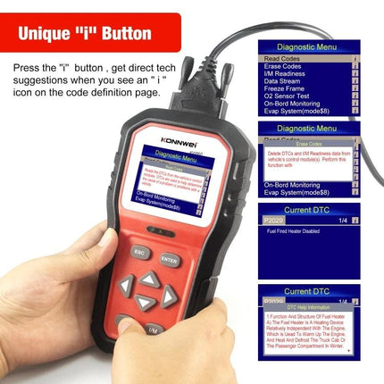 Konnwei Tool for Checking Car Batteries in Daily Drives hand-held OBD2 scanner showing diagnostic menu and DTC readouts