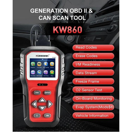 Konnwei Tool for Checking Car Batteries in Daily Drives - KW860 OBD2 scanner showing read/erase codes and diagnostics on car dashboard
