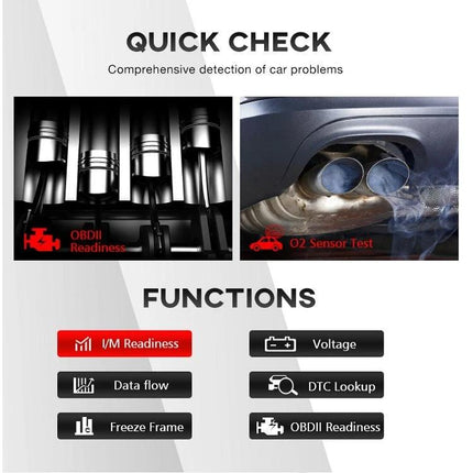 Konnwei Tool for Checking Car Batteries in Daily Drives - OBD2 diagnostics display showing I/M readiness, voltage, DTC lookup and O2 sensor test