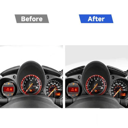 Before and after Nissan 370Z gauge cluster with Carbon Fiber Decorative Strip for Nissan 370Z Dashboard installed enhancing interior look