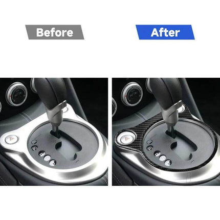 Carbon Fiber Decorative Sticker for Nissan 370Z Console installed on gear shift console showing before and after carbon fiber trim