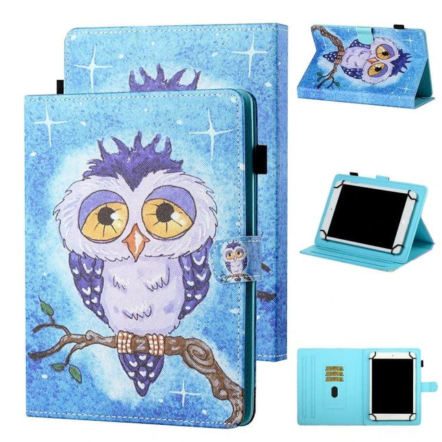 Leather Protective Case for 7-10 Inch Tablets with Flip Stand - blue owl PU leather and TPU folio with stand, elastic strap, and card pocket
