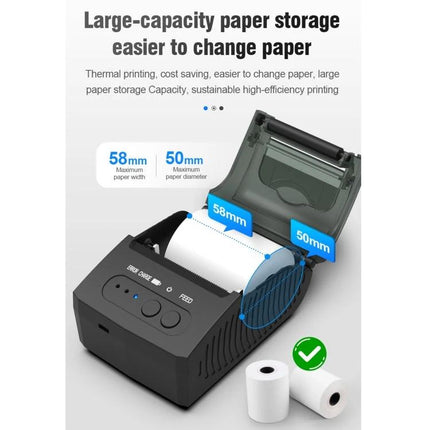 Bluetooth Portable Thermal Receipt Printer for Business Use showing open compartment, 58mm paper width and 50mm diameter rolls
