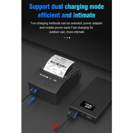 Bluetooth Portable Thermal Receipt Printer for Business Use showing dual charging with power bank and printed receipt