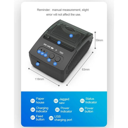 Bluetooth Portable Thermal Receipt Printer for Business Use compact black portable receipt printer with labeled buttons and dimensions