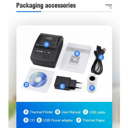 Bluetooth Portable Thermal Receipt Printer for Business Use with USB cable, power adapter, roll thermal paper and user manual