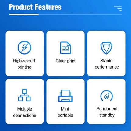 Bluetooth Portable Thermal Receipt Printer for Business Use showing product features: high-speed printing, clear print, stable performance, portable
