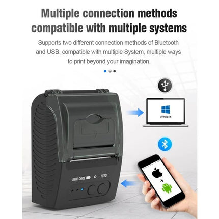 Bluetooth Portable Thermal Receipt Printer for Business Use showing mobile Bluetooth and USB connectivity with phone and laptop