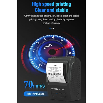 Bluetooth Portable Thermal Receipt Printer for Business Use showing black portable printer with receipt and speedometer graphic