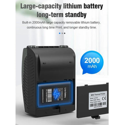 Bluetooth Portable Thermal Receipt Printer for Business Use showing large-capacity 2000mAh lithium battery and removable battery pack