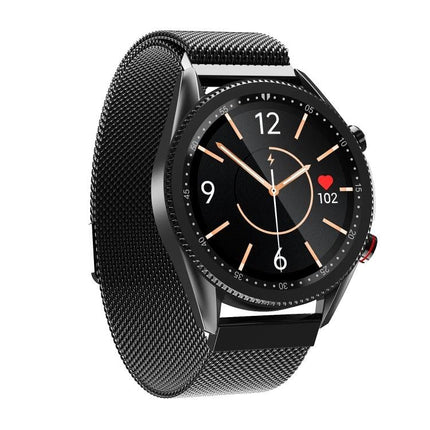 Smart Watch for Everyday Wear and Active Lifestyles black mesh strap round face showing heart rate and step tracking for daily fitness