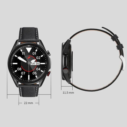 Smart Watch for Everyday Wear and Active Lifestyles black leather strap fitness watch showing heart rate, steps, sports modes, 22mm band, 11.5mm thickness