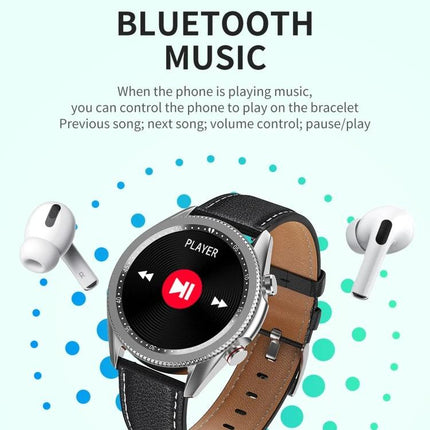 Smart Watch for Everyday Wear and Active Lifestyles with Bluetooth music control and playback screen, leather strap and earbuds