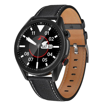 Essential Smart Watch for Everyday Health and Activity Tracking - black round face with leather strap showing step and date display