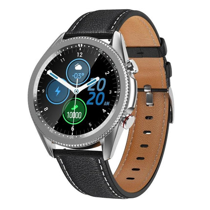 Essential Smart Watch for Everyday Health and Activity Tracking - silver round watch with black leather strap showing step count and activity icons