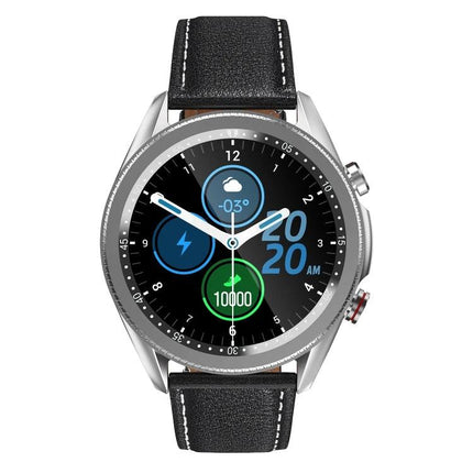 Essential Smart Watch for Everyday Health and Activity Tracking - round silver smartwatch with leather strap showing steps, time and weather