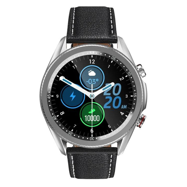 Essential Smart Watch for Everyday Health and Activity Tracking - round silver smartwatch with leather strap showing steps, time and weather