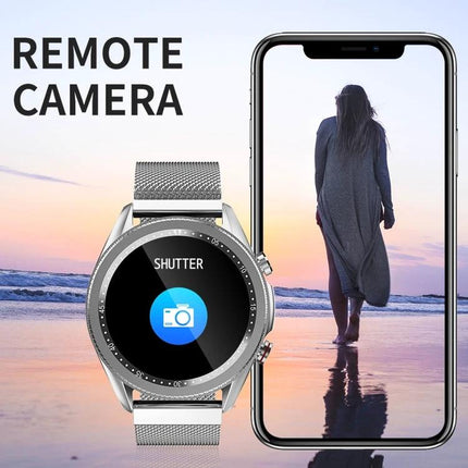 Essential Smart Watch for Everyday Health and Activity Tracking showing watch remote camera shutter on 1.28-inch IPS display with phone preview