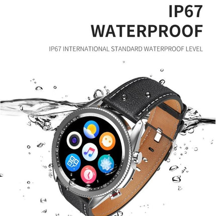 Essential Smart Watch for Everyday Health and Activity Tracking showing waterproof IP67 round display with leather band and app icons
