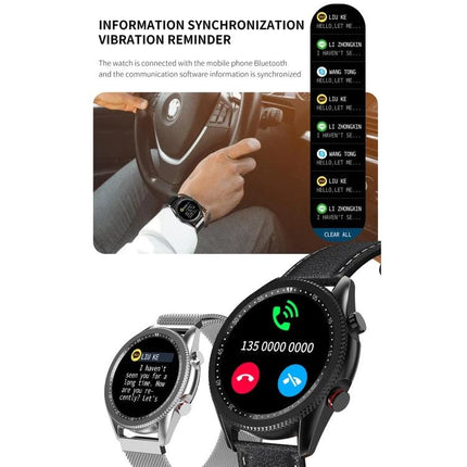 Essential Smart Watch for Everyday Health and Activity Tracking showing call alerts, message sync and vibration reminders on black leather strap model