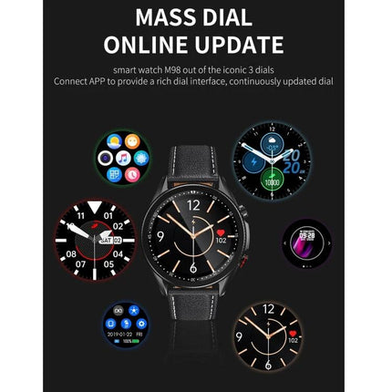 Essential Smart Watch for Everyday Health and Activity Tracking showing multiple customizable watch faces and activity icons on a black background
