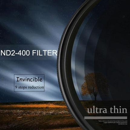 Adjustable Neutral Density Filter for Camera Light Control showing ND2-400 ultra thin circular filter with landscape and 9 stops reduction