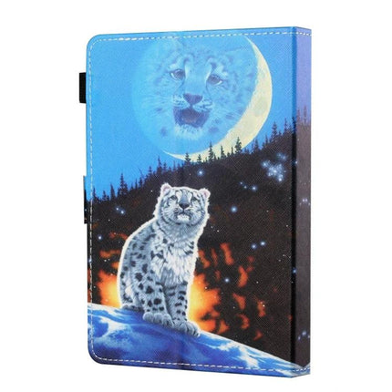 Painted Leather Tablet Case for 7-8 Inch Devices with Holder featuring blue moon snow leopard painted leather design