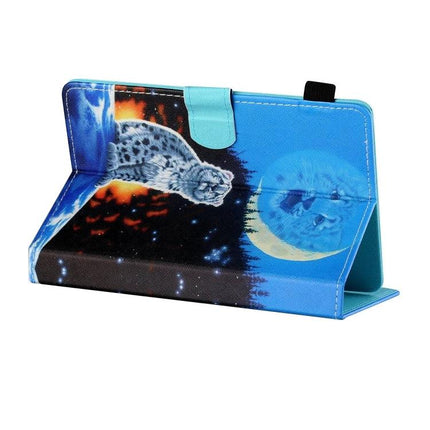 Painted Leather Tablet Case for 7-8 Inch Devices with Holder - blue printed snow leopard stand cover