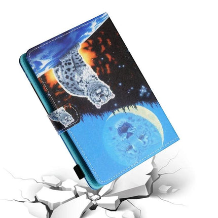 Painted Leather Tablet Case for 7-8 Inch Devices with Holder featuring blue owl and moon printed painted leather cover