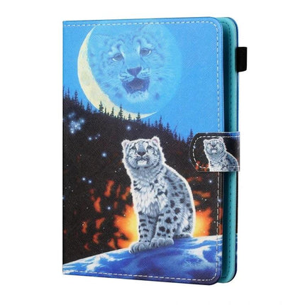 Horizontal Painted Leather Case for 10-Inch Tablets with Holder featuring blue snow leopard moon design, protective horizontal stand and magnetic holder