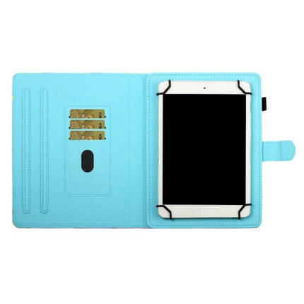 Horizontal Painted Leather Case for 10-Inch Tablets with Holder in light blue, open with tablet in holder and card slots visible