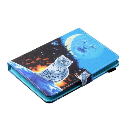 Horizontal Painted Leather Case for 10-Inch Tablets with Holder featuring blue wolf and moon printed design, secure magnetic clasp, protective horizontal sleeve