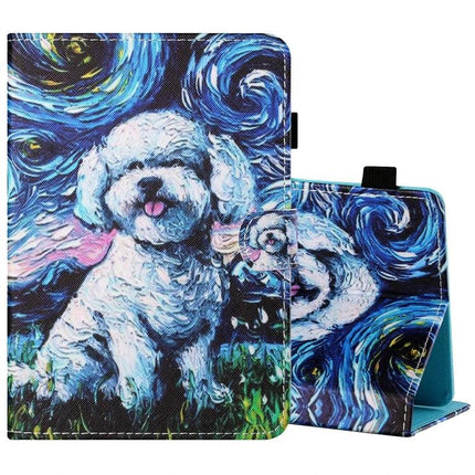 Horizontal Painted Leather Case for 10-Inch Tablets with Holder featuring colorful Van Gogh-style white dog artwork, durable protective stand and holder