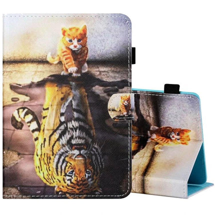Horizontal Painted Leather Case for 10-Inch Tablets with Holder featuring kitten-tiger reflection print, horizontal folio stand and secure holder
