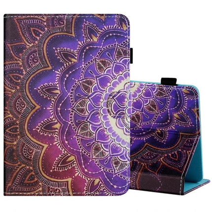 Horizontal Painted Leather Case for 10-Inch Tablets with Holder featuring purple mandala design, stand function and secure holder