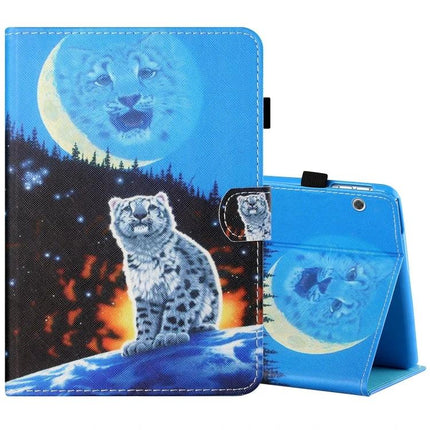Horizontal Painted Leather Case for 10-Inch Tablets with Holder featuring blue snow leopard moon design, stand function and secure strap
