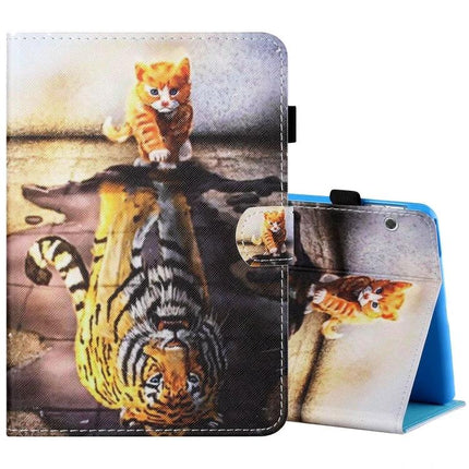 Horizontal Painted Leather Case for 10-Inch Tablets with Holder featuring kitten-to-tiger printed design, horizontal stand and secure holder