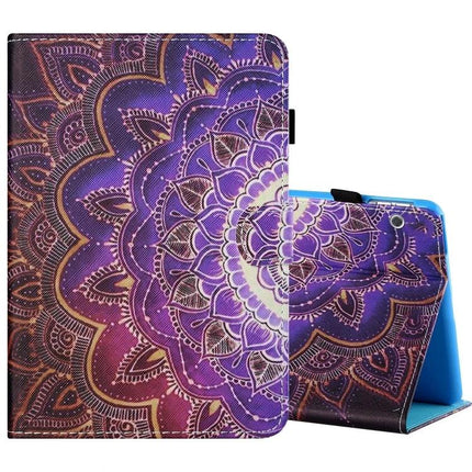 Horizontal Painted Leather Case for 10-Inch Tablets with Holder - purple mandala design, protective horizontal folio with stand and holder