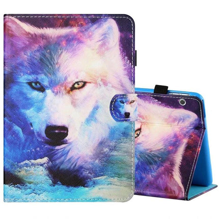 Horizontal Painted Leather Case for 10-Inch Tablets with Holder showing colorful wolf print, magnetic strap and stand for commuters and students