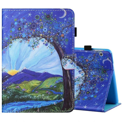 Horizontal Painted Leather Case for 10-Inch Tablets with Holder featuring blue hand-painted landscape tree design and built-in stand
