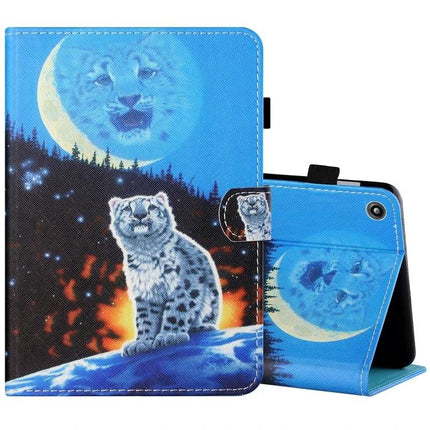 Painted Leather Protective Case for Kindle Fire 7 and Samsung Tab A 10.1 with blue snow leopard moon design, stand and secure closure