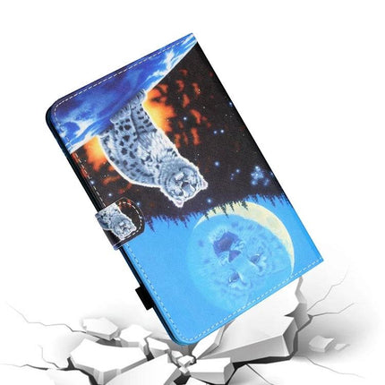 Painted Leather Protective Case for Kindle Fire 7 and Samsung Tab A 10.1 with blue wolf moon design, protective folio for travel and students