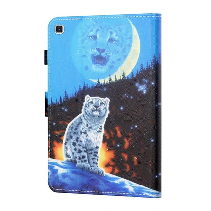 Horizontal Painted Leather Case with Pen Holder for Samsung Galaxy Tab A 8.0 (2019) featuring blue moon and snow leopard print, pen slot, protective folio