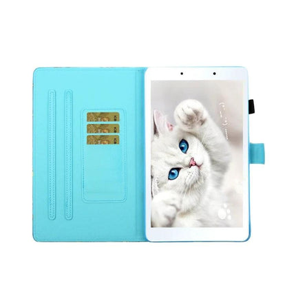 Horizontal Painted Leather Case with Pen Holder for Samsung Galaxy Tab A 8.0 (2019) in turquoise, open with card slots and tablet inside
