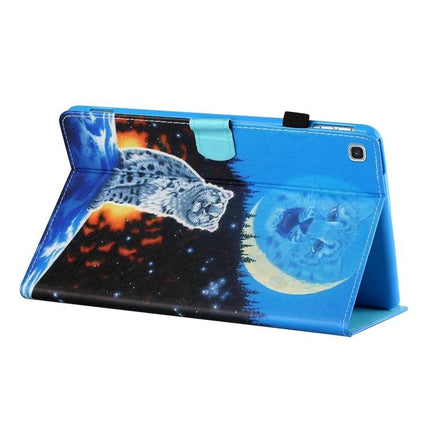 Horizontal Painted Leather Case with Pen Holder for Samsung Galaxy Tab A 8.0 (2019) featuring blue painted wildcat and moon design, stand function, stylus holder