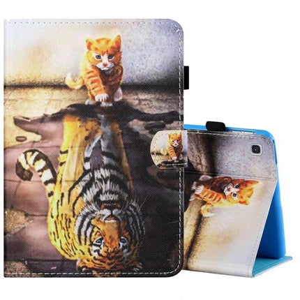 Horizontal Painted Leather Case with Pen Holder for Samsung Galaxy Tab A 8.0 (2019) - illustrated kitten and tiger reflection design, pen loop