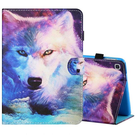 Horizontal Painted Leather Case with Pen Holder for Samsung Galaxy Tab A 8.0 (2019) featuring colorful galaxy wolf print, horizontal folio with stylus loop