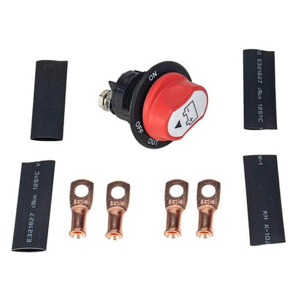 Car Battery Selector Isolator Rotary Switch for Vehicle Power red ON-OFF rotary switch with copper lugs and heat shrink tubing, 32V 100A