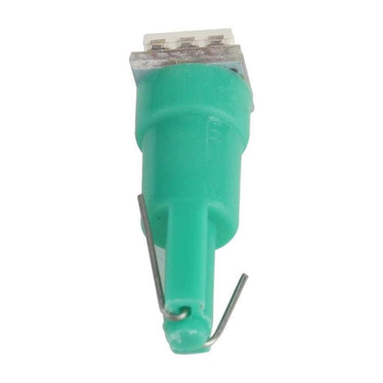 Car LED Indicator Lights, Green, 30-Pack for License Plate - close-up of single green T5 LED indicator bulb with plastic housing and metal clips